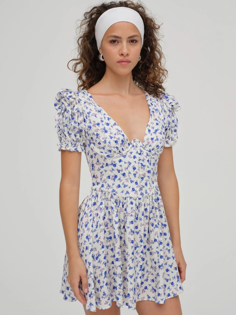 For Love & Lemons Paulina Puff Sleeve Corset Mini Dress Blue Floral Print - S - Picture 2 of 11